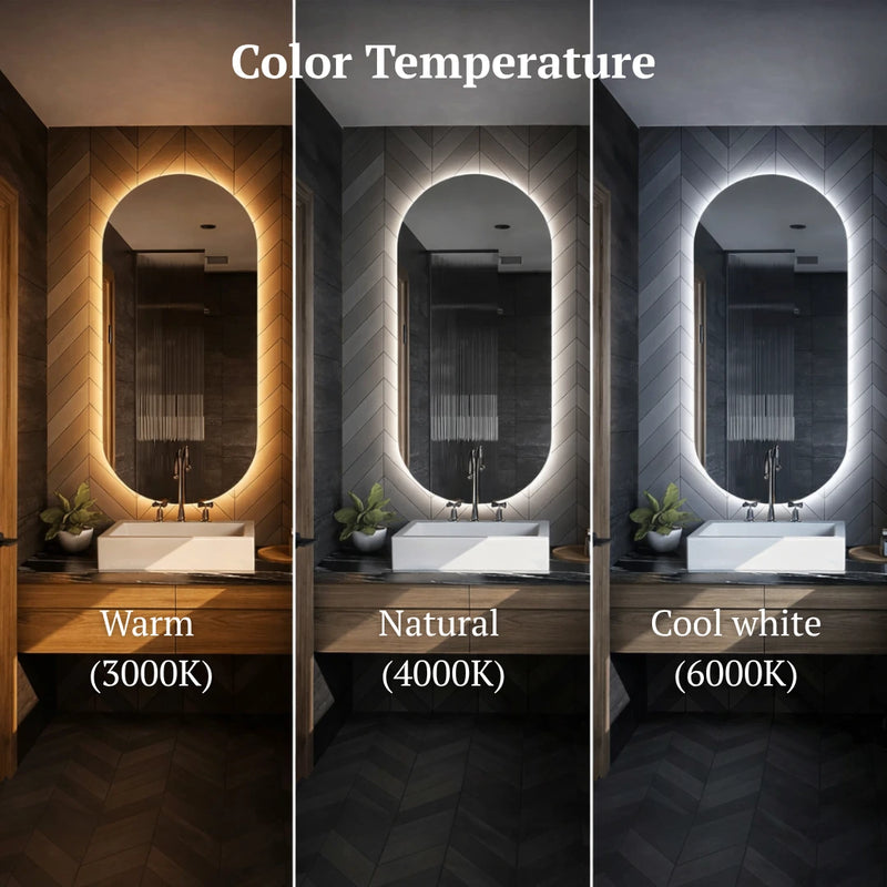 Bathroom vanity with three mirrors showing different color temperatures: Warm (3000K), Natural (4000K), and Cool White (6000K).