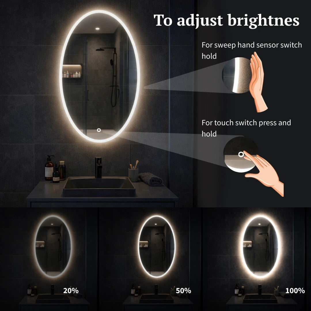 Bathroom vanity with illuminated  oval mirror, showing brightness adjustment options.