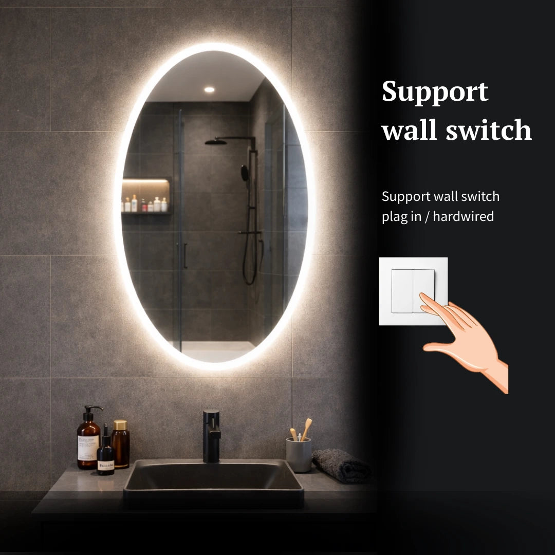Bathroom vanity with illuminated  oval led mirror and wall switch illustration