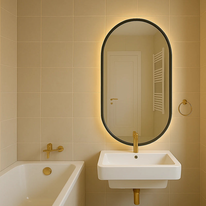 Bathroom with a white sink, gold faucet, and oval mirror on a beige tiled wall.