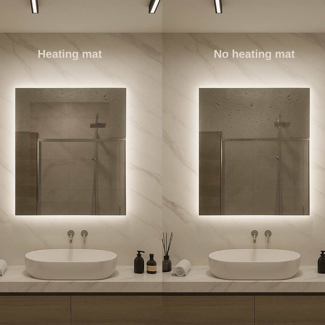 Rectangle LED mirrors with rear lighting 500-700mm heating mat vs no heating mat