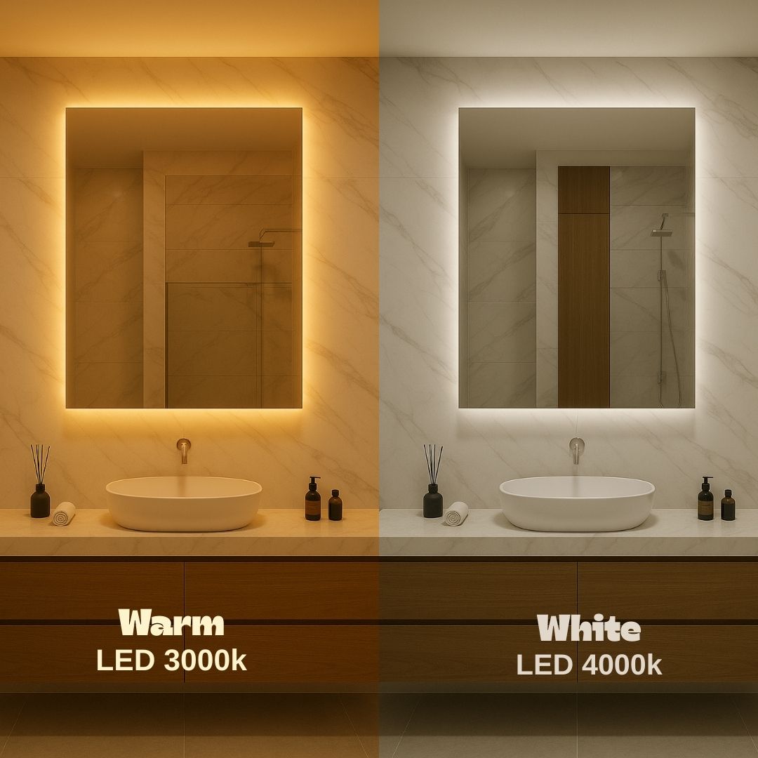 Rectangle LED mirrors with rear lighting 800-1000mm led warm vs led white lights