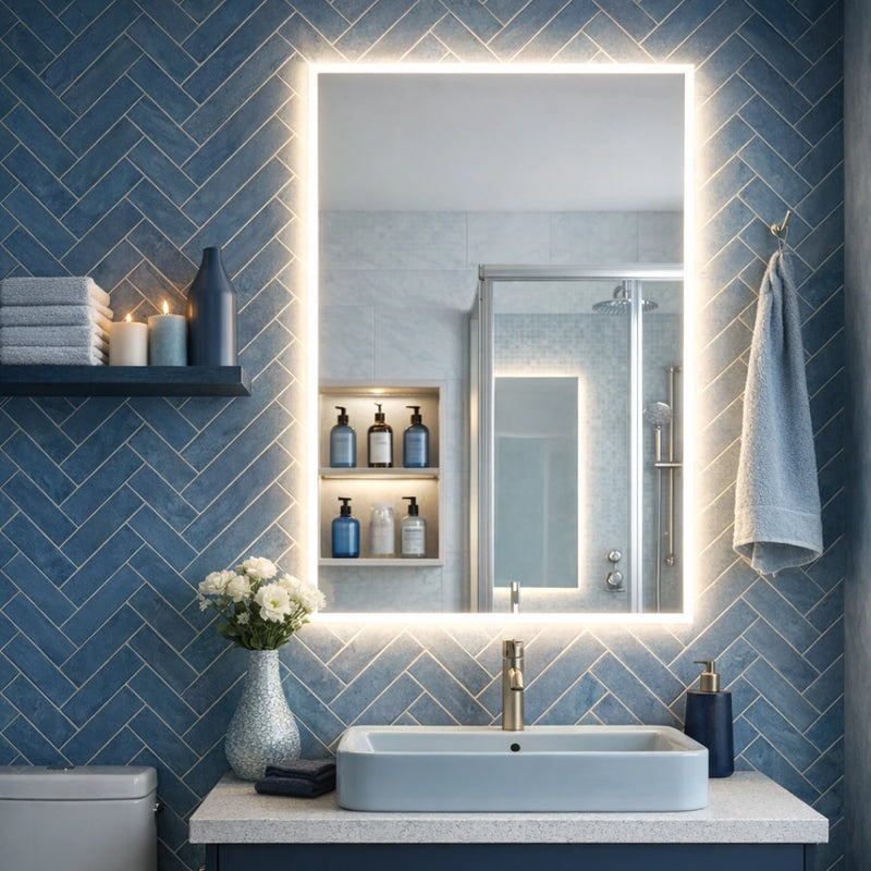 Bathroom with blue tiled wall, illuminated mirror, and sink.