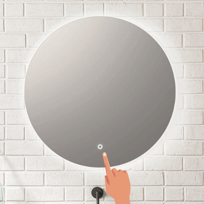 Touch sensor button on round LED bathroom mirror