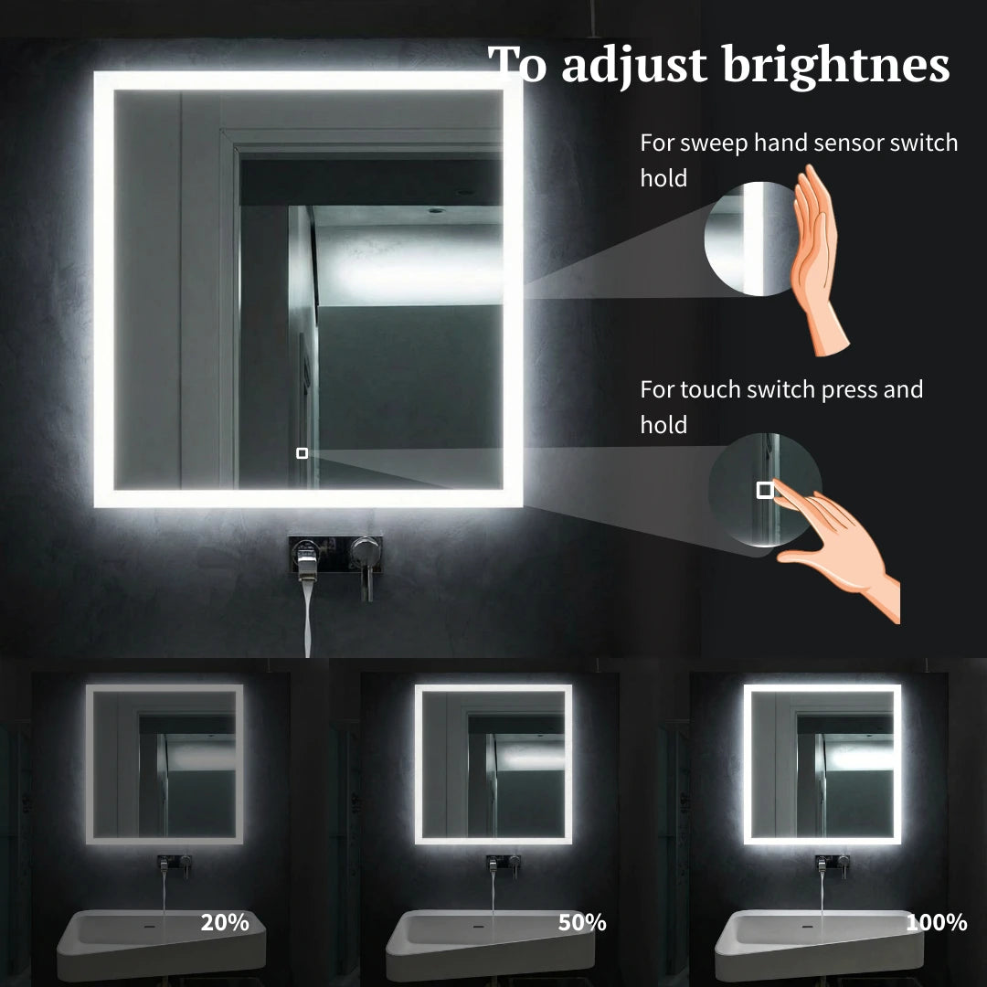 Square led mirror with frontlit on and off switch