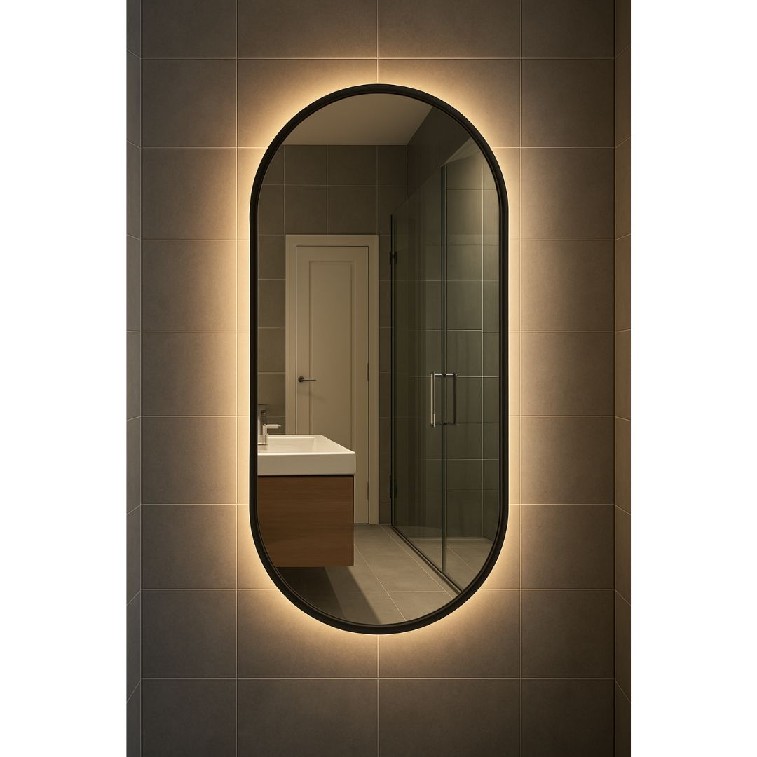 Pill Oval Black Frame Mirror with LED Lights 1000x500mm