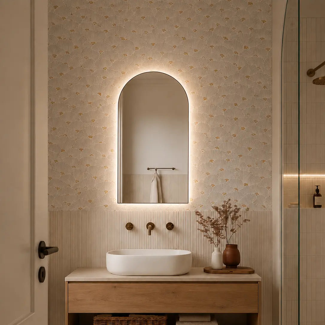 A modern bathroom vanity setup featuring a white vessel sink on a floating wooden cabinet, an arched backlit mirror, and a beige floral wallpapered wall. A glass shower enclosure is visible on the right, and a woven rug is on the floor.