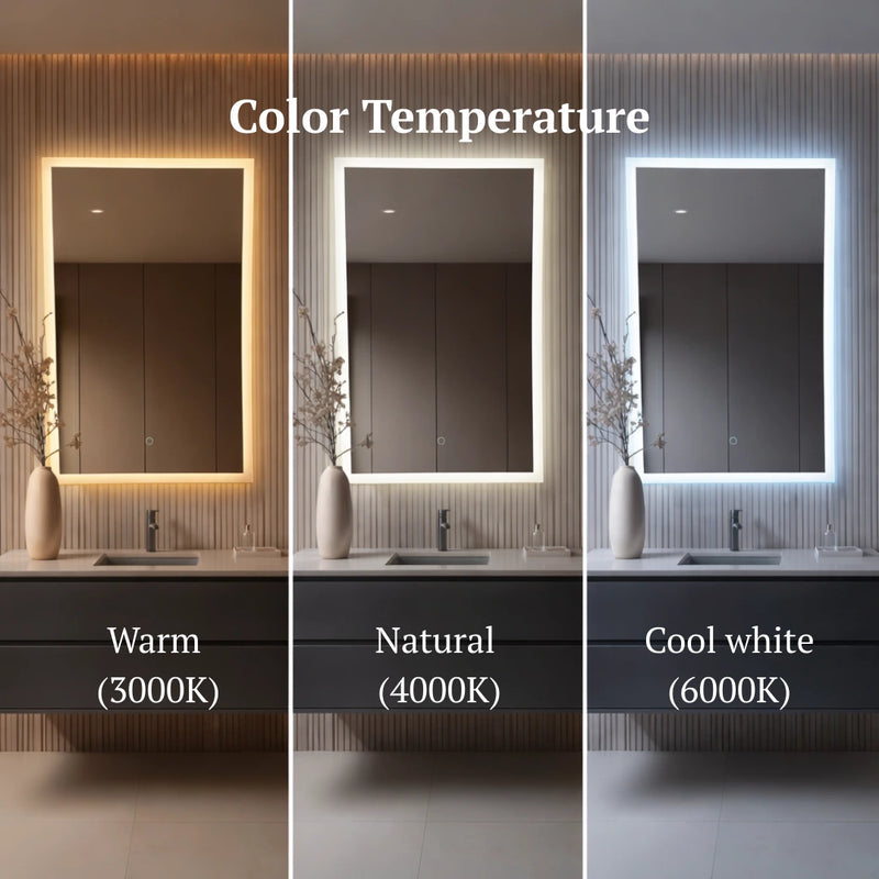 Three bathroom mirrors with different color temperatures labeled: Warm (3000K), Natural (4000K), and Cool white (6000K).