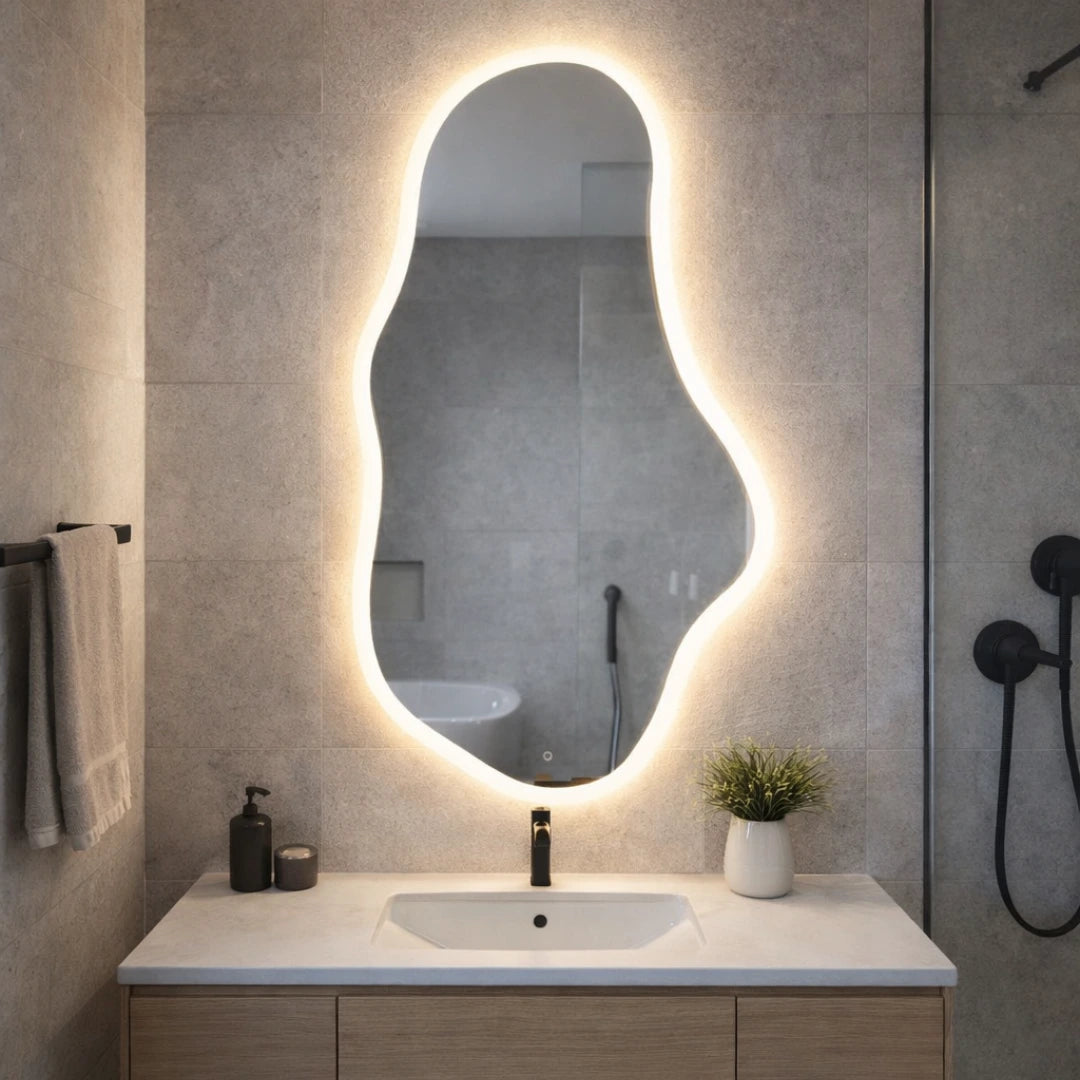 Bathroom with a modern vanity, illuminated mirror, and minimal decor.