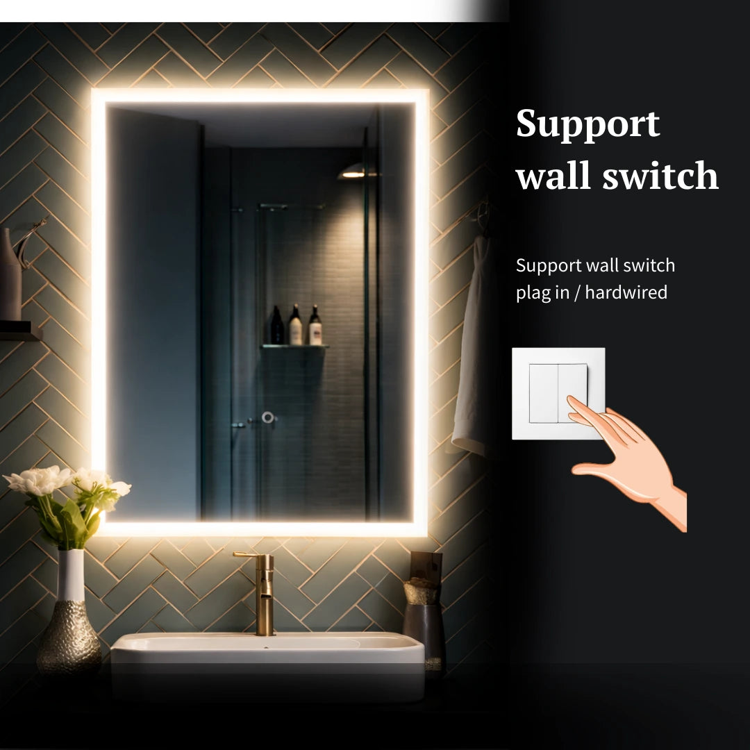 Bathroom setup with a illuminated mirror and wall switch illustration.