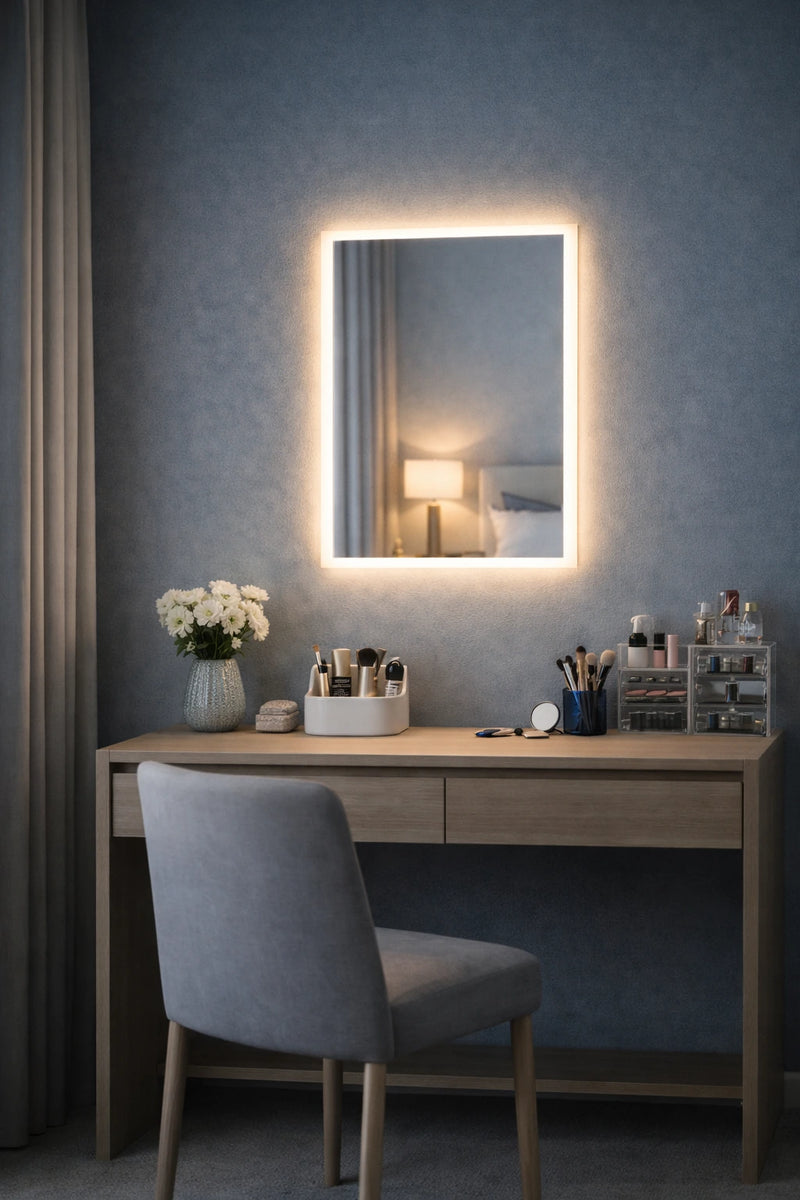 Modern vanity setup with a mirror, desk, chair, and decorative items against a blue wall.