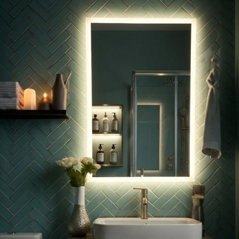 Bathroom with a illuminated mirror and decorative elements on a teal tiled wall.