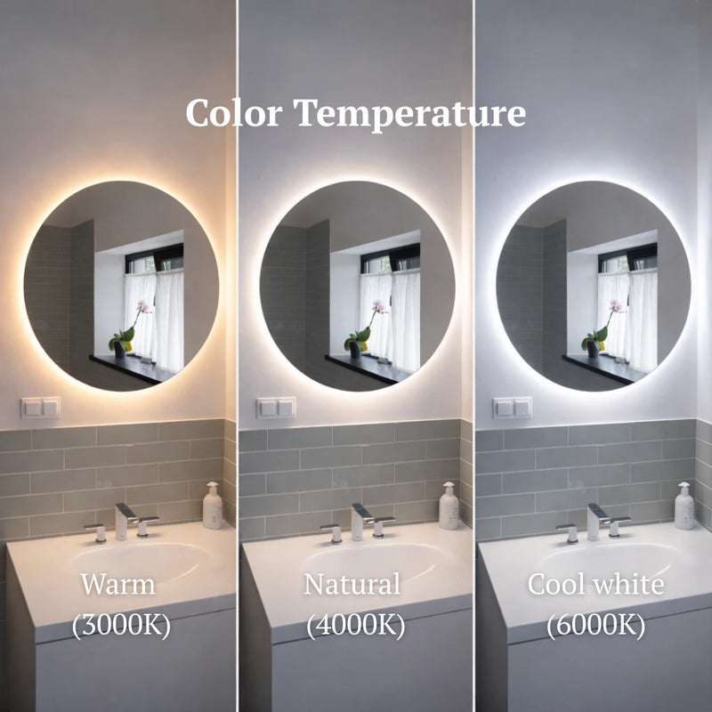 Three different color temperature settings of a bathroom mirror with lighted frame.