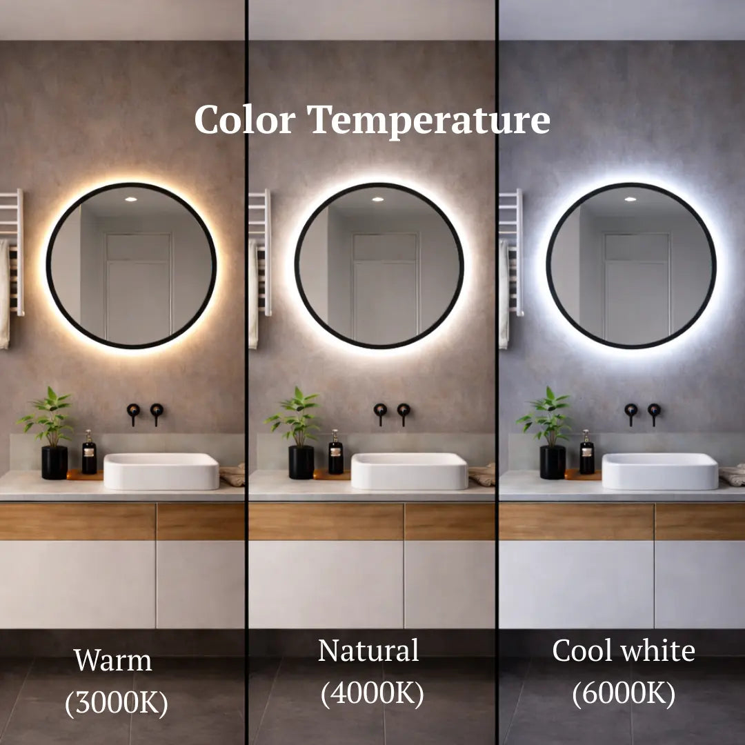 round black framed led mirror with light color temperature