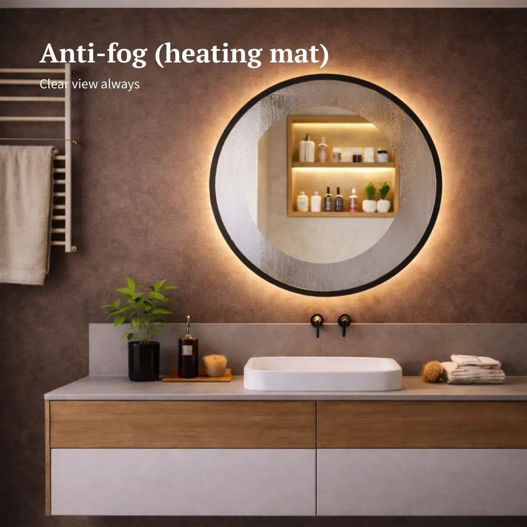 round black framed led mirror with light heating mat
