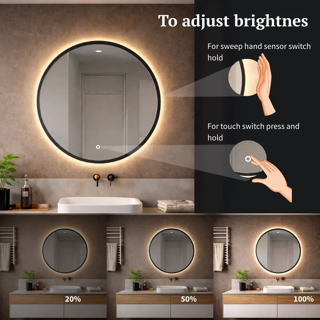 round black framed led mirror with light on and off switch