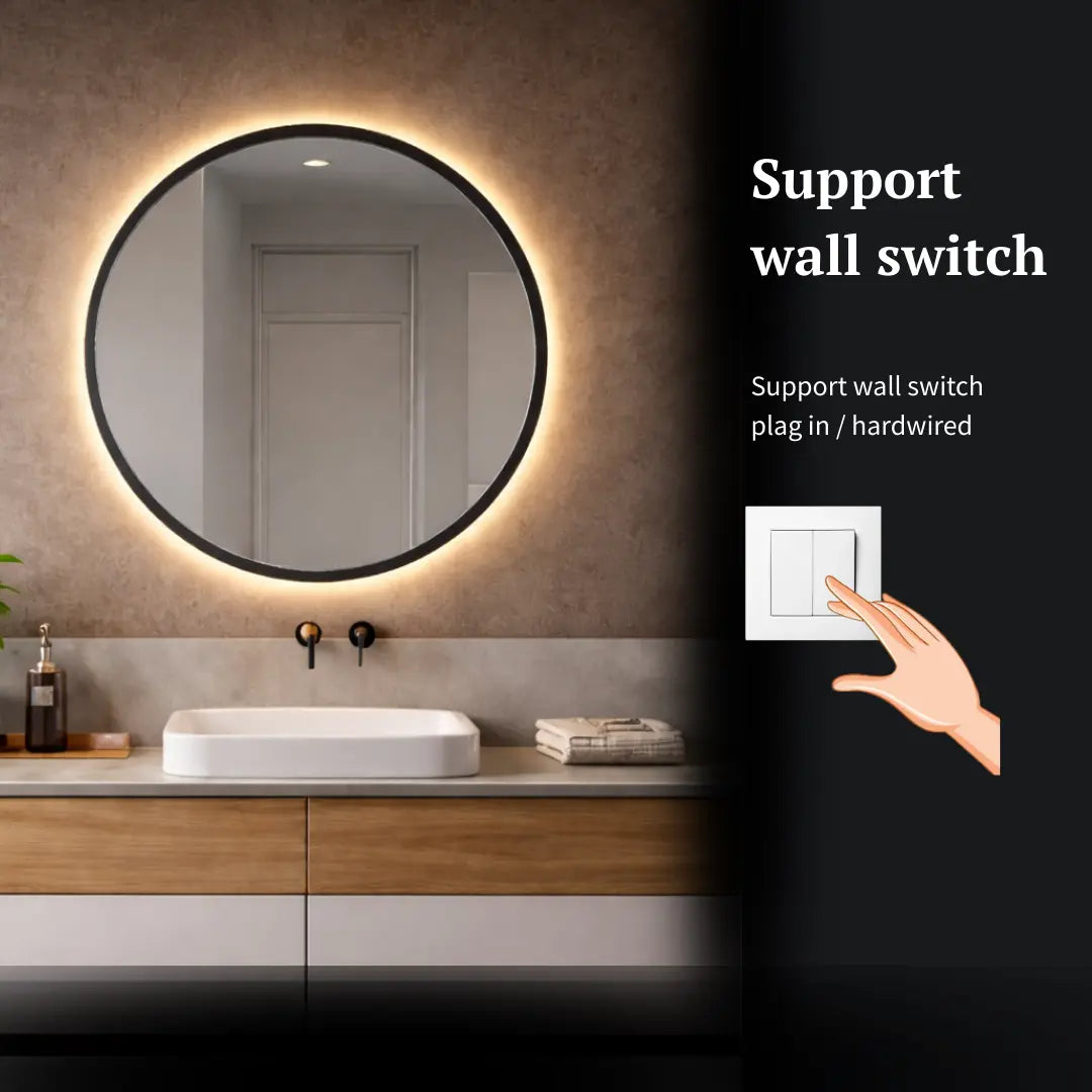 round black framed led mirror with light wall switch