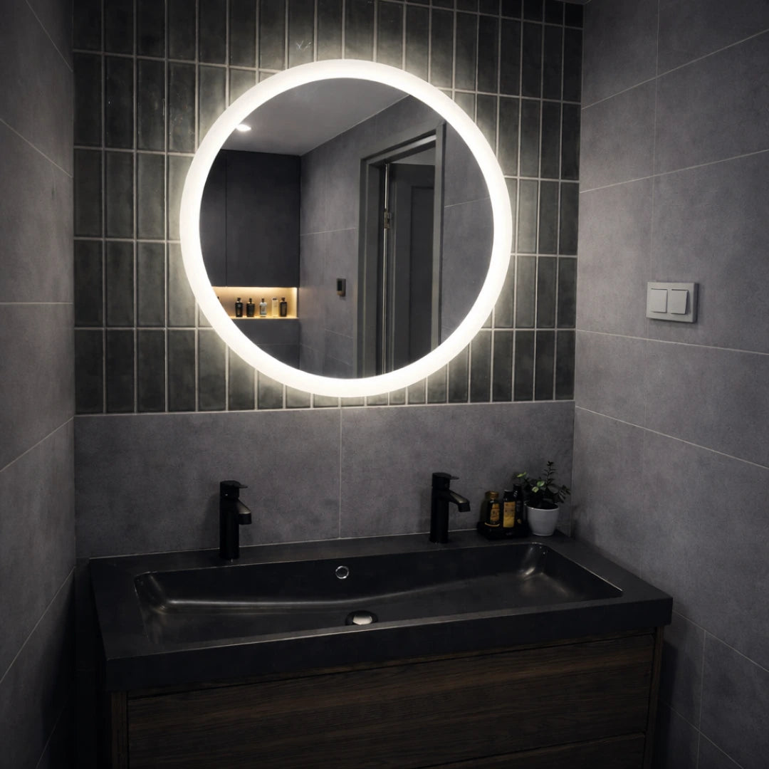 Bathroom with a round illuminated mirror above a sink